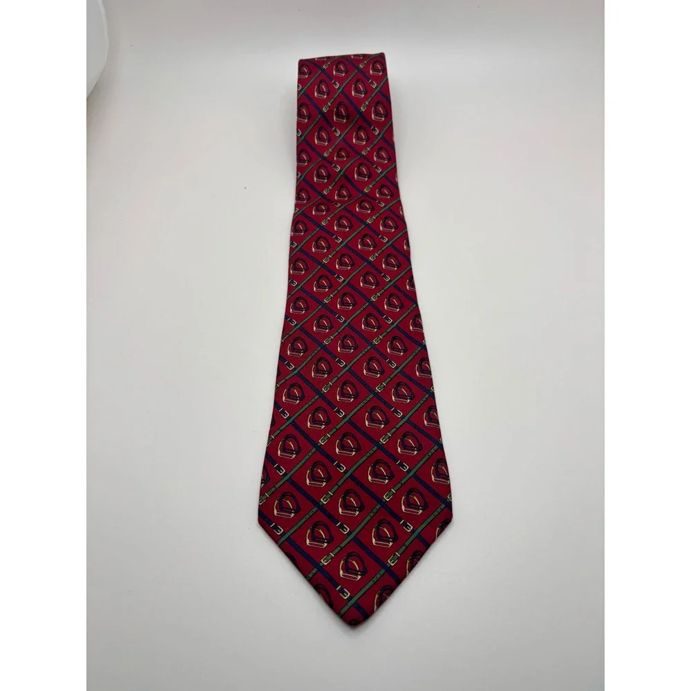 Tommy Hilfiger Mens Red Silk Equestrian Stirrup Buckle Pattern Necktie